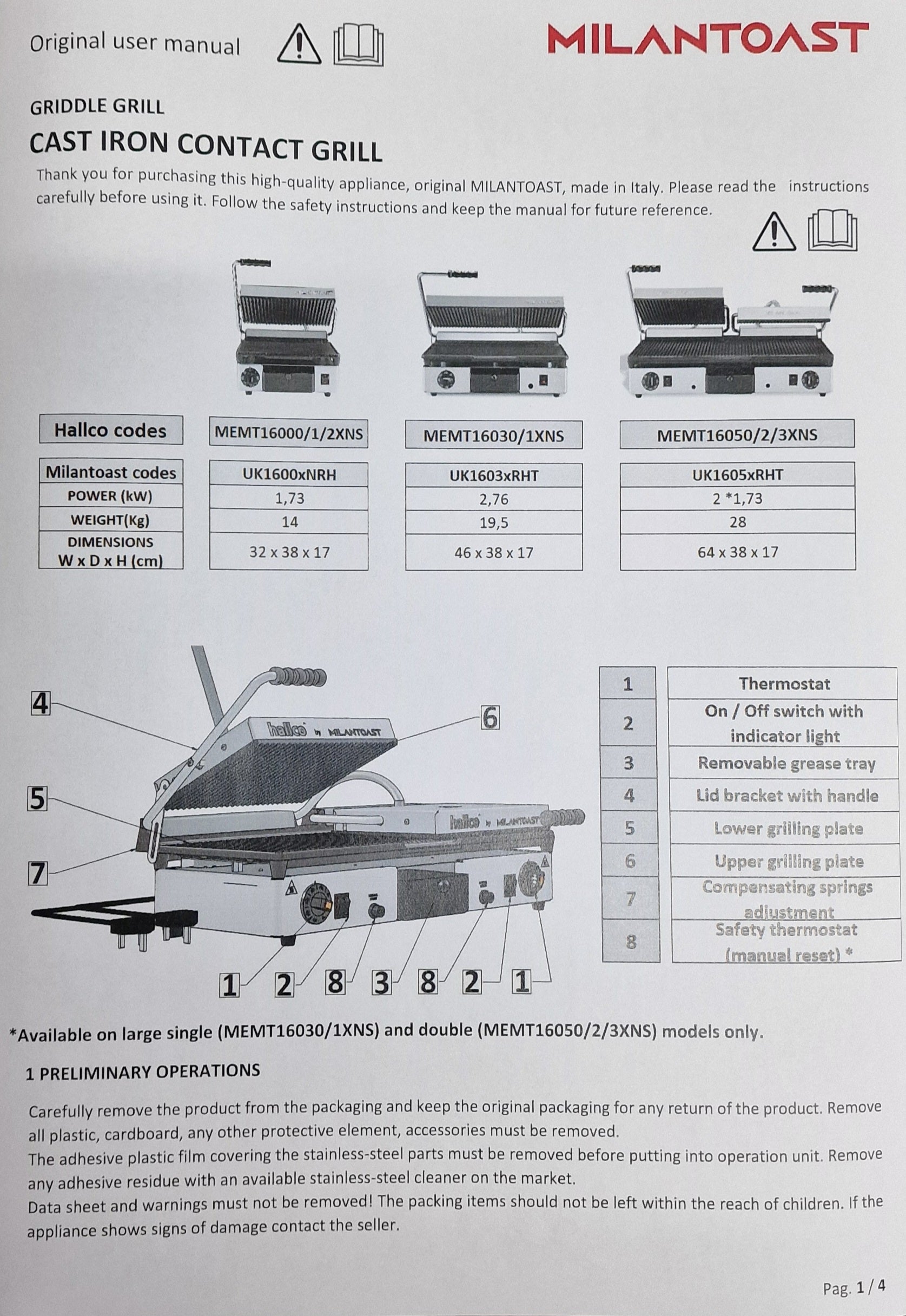Hallco MEMT16002XNS Panini/Contact Grill