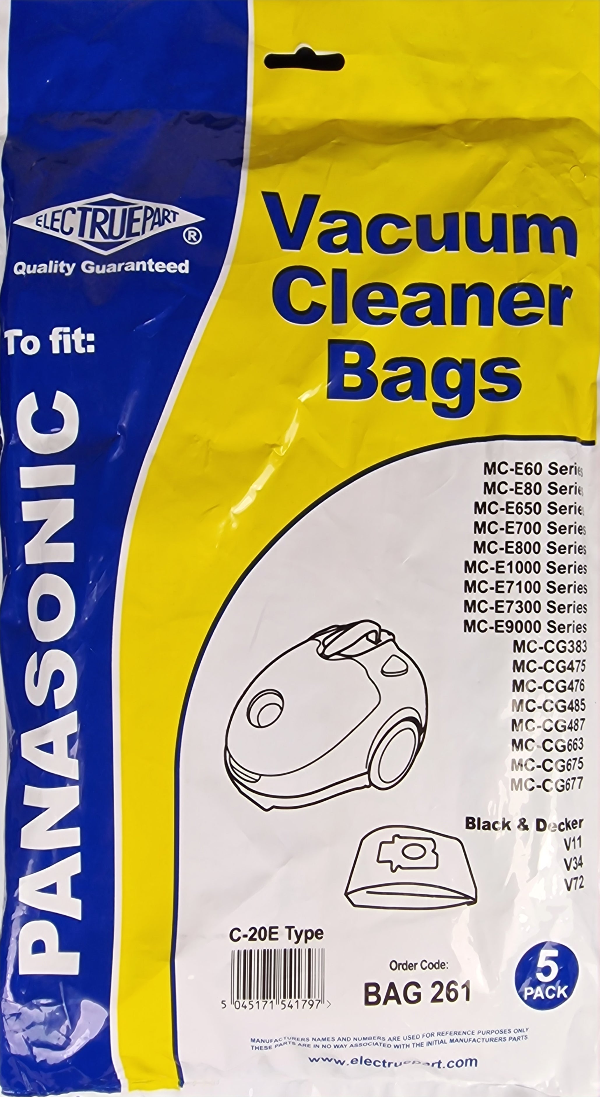 Panasonic cylinder vacuum cleanerdust bags C-20E pack of 5 - BAG261 - pattern part
