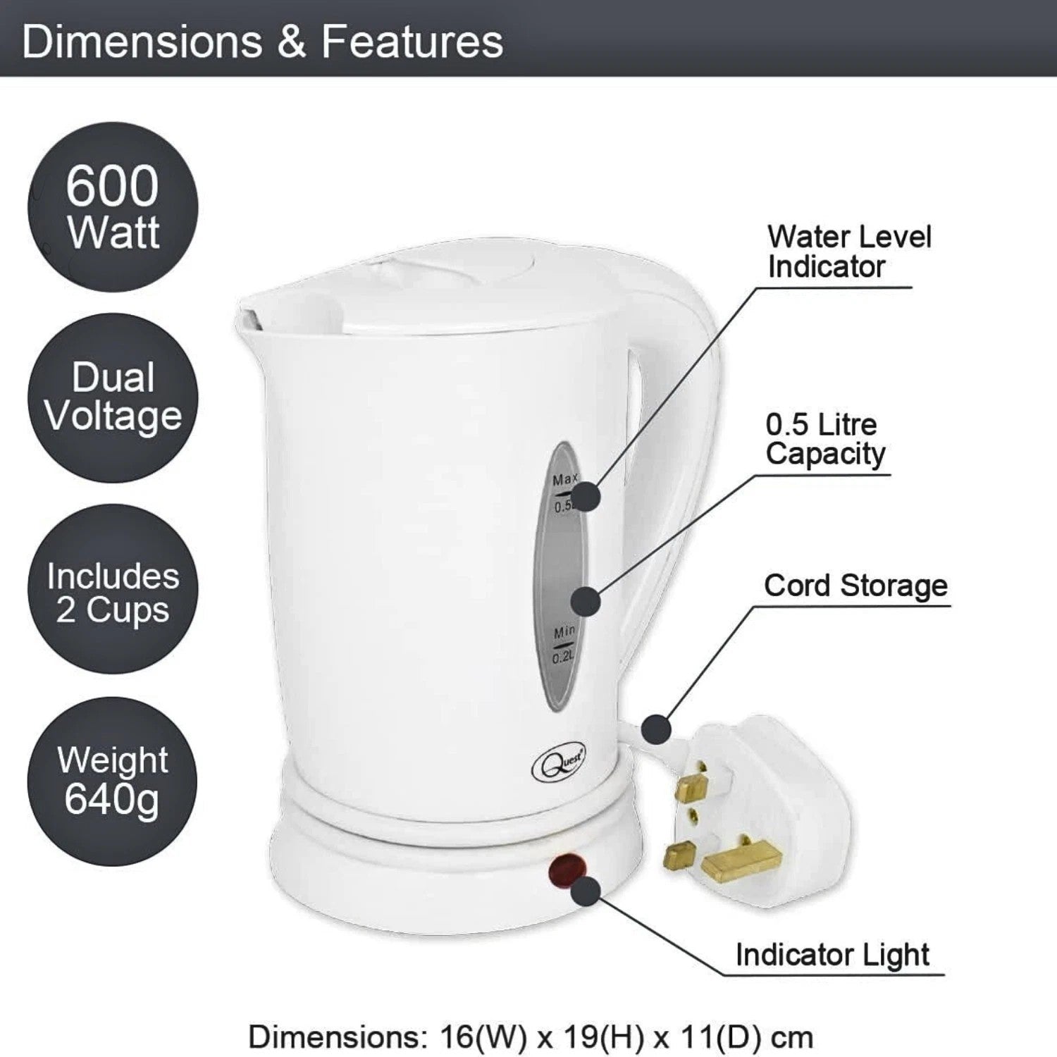 0.5 Litre Lightweight Corded Kettle drawing only 600 watts.