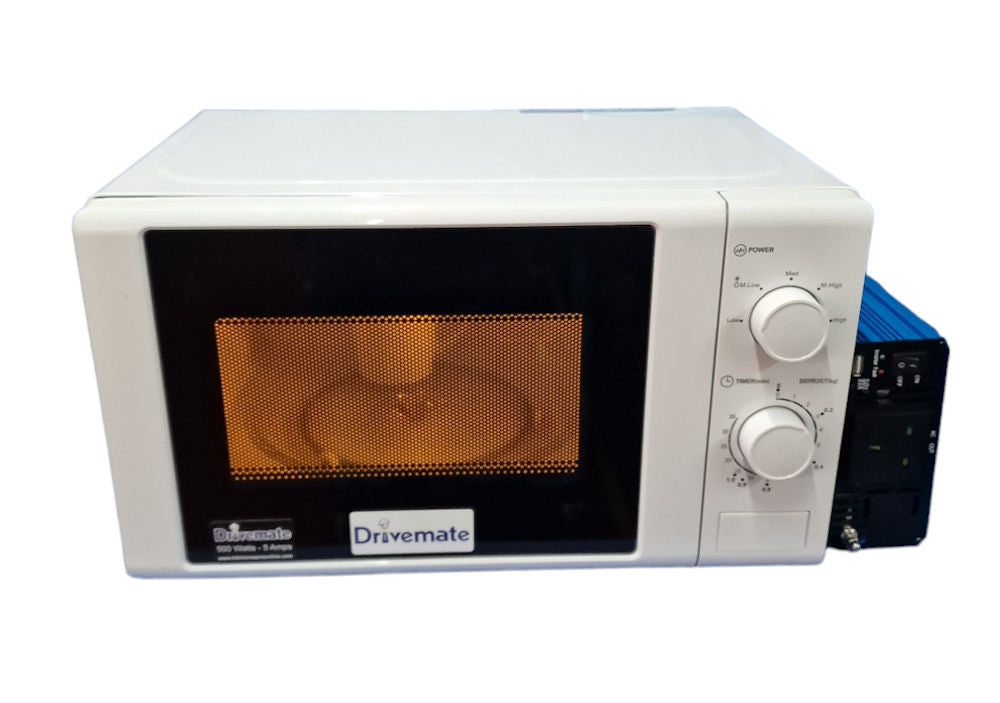 24 Volt Inverter and white 500 watt microwave oven